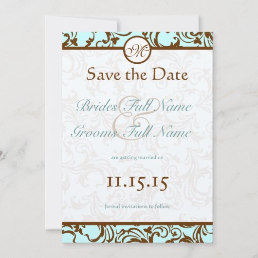 ブラウンエレガントヴィンテージダマスクオンライトアクアブルー 招待状 (正面)