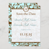 ブラウンエレガントヴィンテージダマスクオンライトアクアブルー 招待状 (正面/裏面)