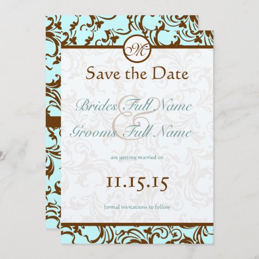 ブラウンエレガントヴィンテージダマスクオンライトアクアブルー 招待状 (正面/裏面)