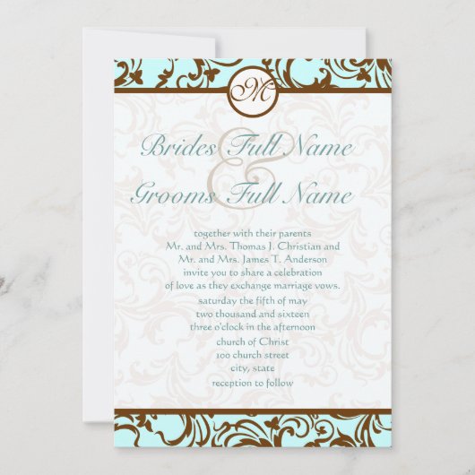 ブラウンエレガントヴィンテージダマスクオンライトアクアブルー 招待状 (正面)