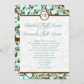 ブラウンエレガントヴィンテージダマスクオンライトアクアブルー 招待状 (正面/裏面)