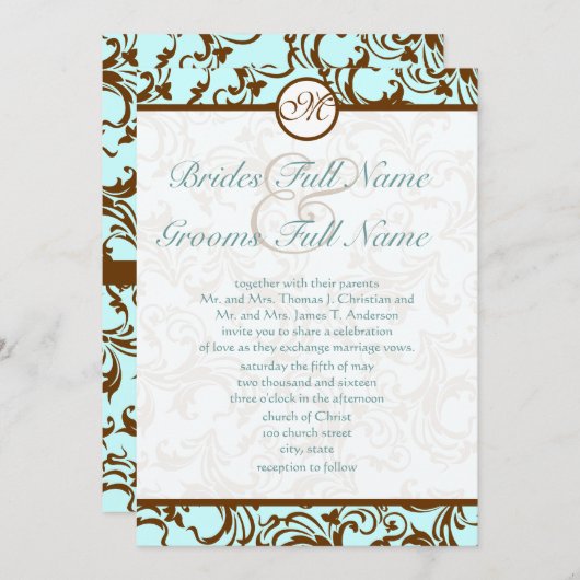 ブラウンエレガントヴィンテージダマスクオンライトアクアブルー 招待状 (正面/裏面)