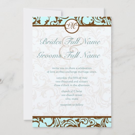 ブラウンエレガントヴィンテージダマスクオンライトアクアブルー 招待状 (正面)