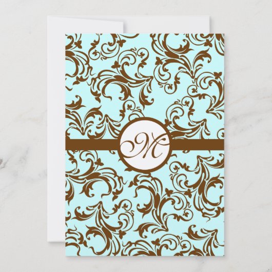 ブラウンエレガントヴィンテージダマスクオンライトアクアブルー 招待状 (裏面)
