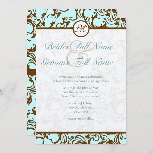 ブラウンエレガントヴィンテージダマスクオンライトアクアブルー 招待状 (正面/裏面)