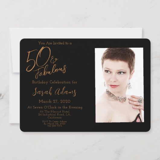 ブラウンエレガント50と素晴らしい誕生日パーティーの写真 招待状 (正面)