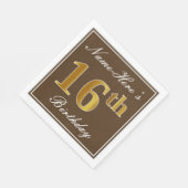 ブラウンエレガント、フェイク金ゴールド16番目の誕生日+名前 スタンダードランチョンナプキン (角)