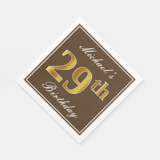 ブラウンエレガント、フェイク金ゴールド29番目の誕生日+名前 スタンダードランチョンナプキン (角)