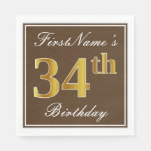 ブラウンエレガント、フェイク金ゴールド34番目の誕生日+名前