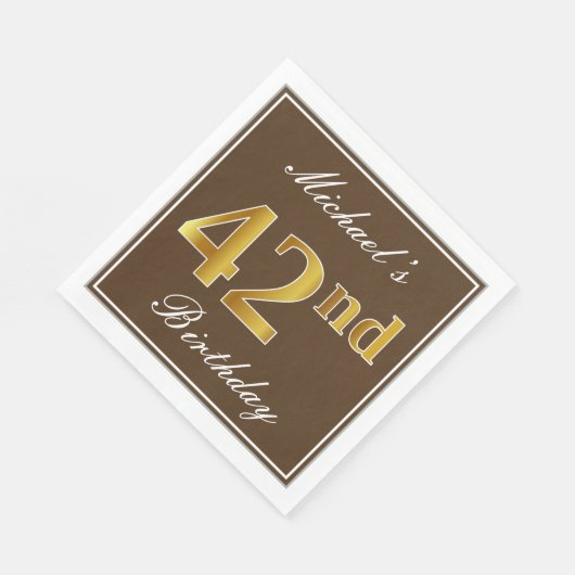 ブラウンエレガント、フェイク金ゴールド42番目の誕生日+名前 スタンダードランチョンナプキン (角)