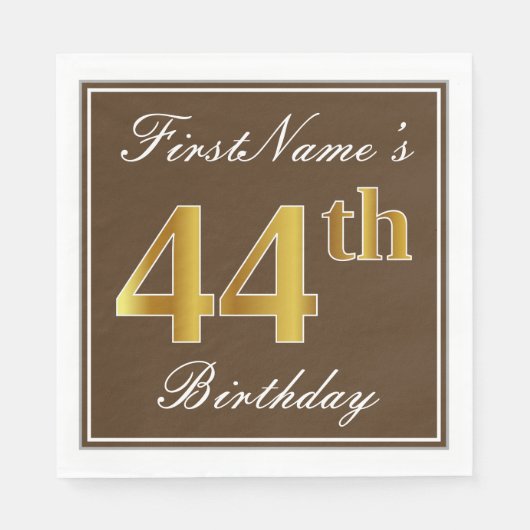ブラウンエレガント、フェイク金ゴールド44番目の誕生日+名前 スタンダードランチョンナプキン (正面)