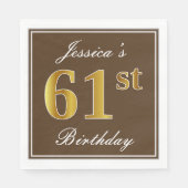ブラウンエレガント、フェイク金ゴールド61番目の誕生日+名前 スタンダードランチョンナプキン (正面)