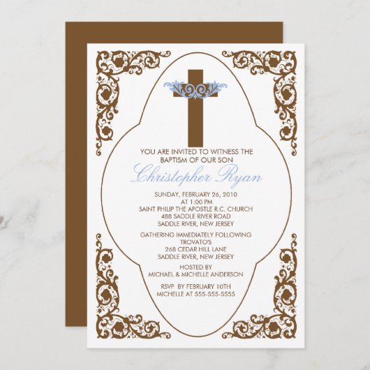 ブラウンエレガント&ブルーバプティスマ招待状 招待状 (正面/裏面)