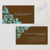 ブラウンエレガント&ブルーヴィンテージフローラダマスク 名刺 (正面/裏面)