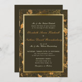 ブラウンエレガント&金ゴールドフローラ秋秋の結婚式 招待状 (正面/裏面)