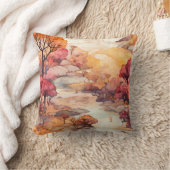 ブラウンオレンジレッド秋リバーツリーズランドスケープ クッション (ブランケット)