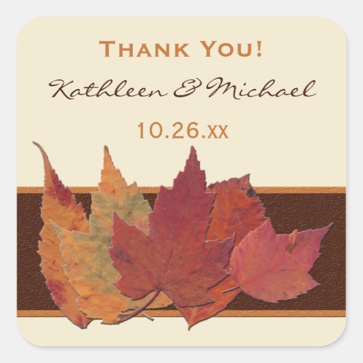 ブラウンオレンジ葉アイボリー乾杯結婚のステッカー スクエアシール (正面)