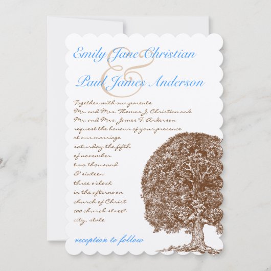 ブラウンオークツリーアクアブルーフォント結婚式招待状 招待状 (正面)