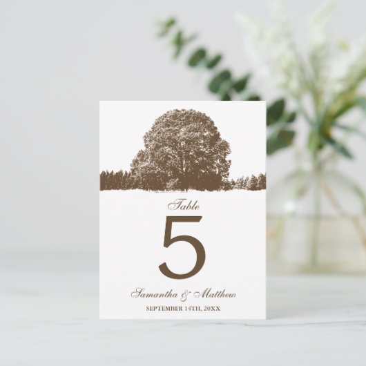 ブラウンオークツリー秋の結婚式テーブル番号 ポストカード (スタンド正面)