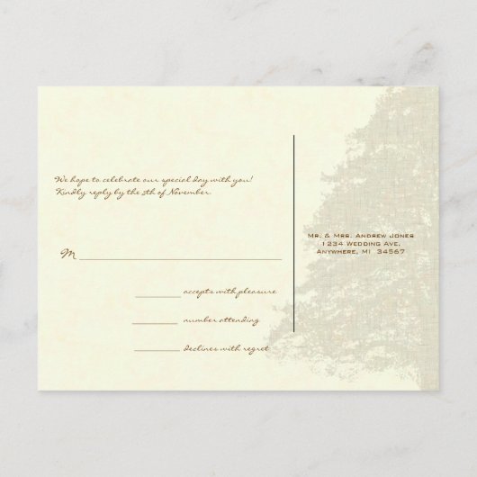 ブラウンオークツリー結婚のモノグラム応答カード インビテーションポストカード (裏面)