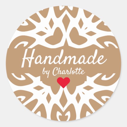 ブラウンオーナメント手作り署名赤いハート ラウンドシール (正面)