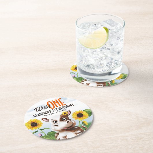 ブラウンカウサンフラワーガールファースト誕生日 ラウンドペーパーコースター (インサイチュ)