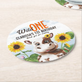 ブラウンカウサンフラワーガールファースト誕生日 ラウンドペーパーコースター (アングル)