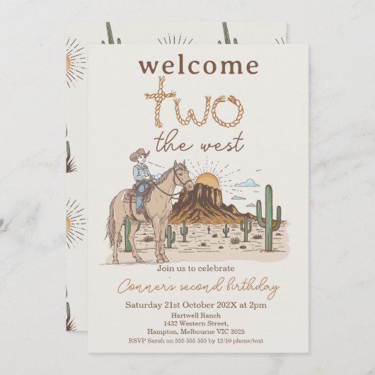 ブラウンカウボーイ素朴ウェルカムツーウエスト2nd誕生日 招待状 (正面/裏面)
