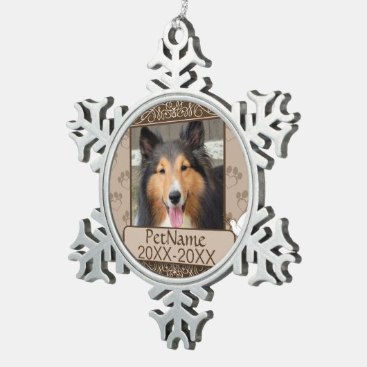 ブラウンカリグラフスワールズカスタムペット悔やみや弔慰 スノーフレークピューターオーナメント (右)