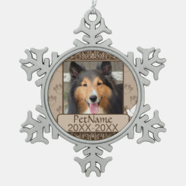 ブラウンカリグラフスワールズカスタムペット悔やみや弔慰 スノーフレークピューターオーナメント