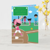 ブラウンガールズソフトボール着色ページハッピーバースデー カード (黄色い花)