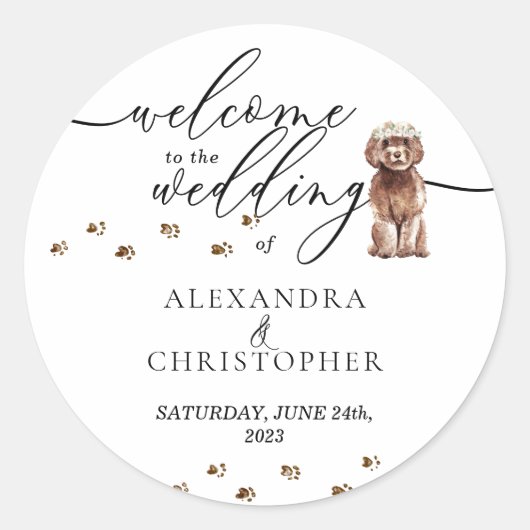 ブラウンキャバプーの子犬の結婚式ウェルカム ラウンドシール (正面)