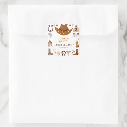 ブラウンキュートカウボーイバースデーパーティースクエアステッカー スクエアシール (バッグ)