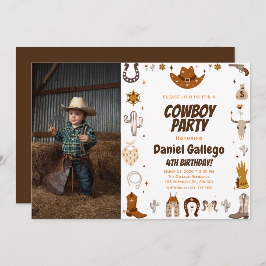 ブラウンキュートカウボーイフォト誕生日 招待状 (正面/裏面)