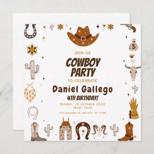 ブラウンキュートカウボーイ誕生日 招待状 (正面/裏面)