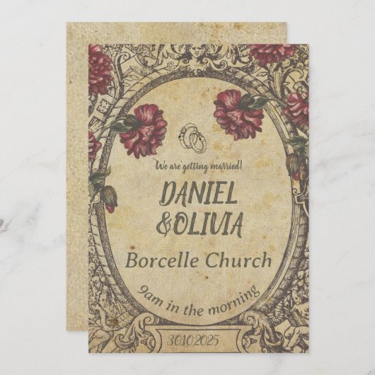 ブラウンクラシックヴィンテージ結婚ズ 招待状 (正面/裏面)