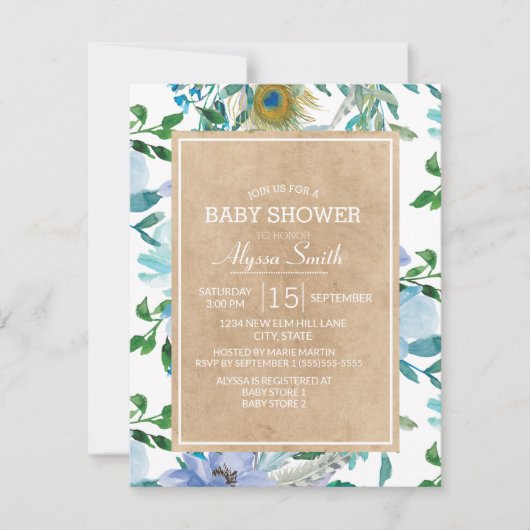 ブラウンクラフト素朴ブルーホワイトフローラベビーシャワー 招待状 (正面)