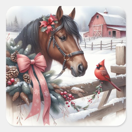 ブラウンクリスマスホースと（鳥）ショウジョウコウカンチョウ スクエアシール (正面)