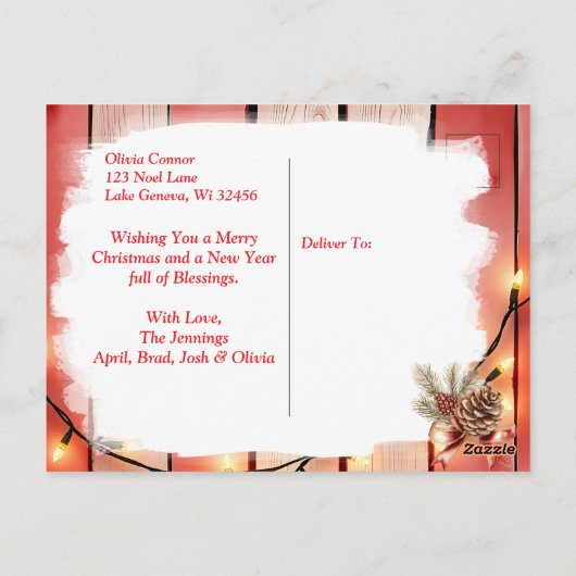 ブラウンクリスマスホースと（鳥）ショウジョウコウカンチョウ パーソナライズされた ポストカード (裏面)