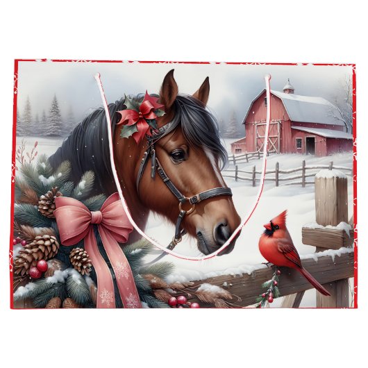 ブラウンクリスマスホースと（鳥）ショウジョウコウカンチョウ ラージペーパーバッグ (裏面)