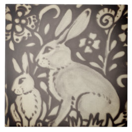 ブラウンクリームうさぎフローラの葉の森の風景 タイル