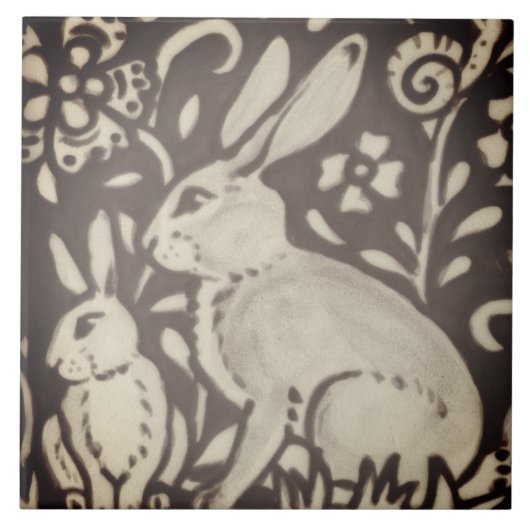 ブラウンクリームうさぎフローラの葉の森の風景 タイル (正面)