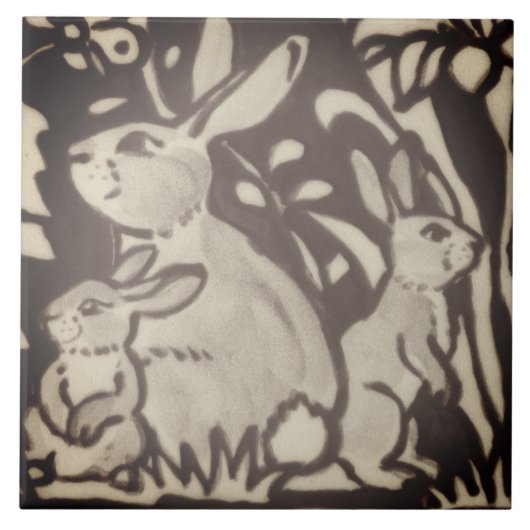 ブラウンクリームウサギフローラの葉ウッドランドデコール タイル (正面)