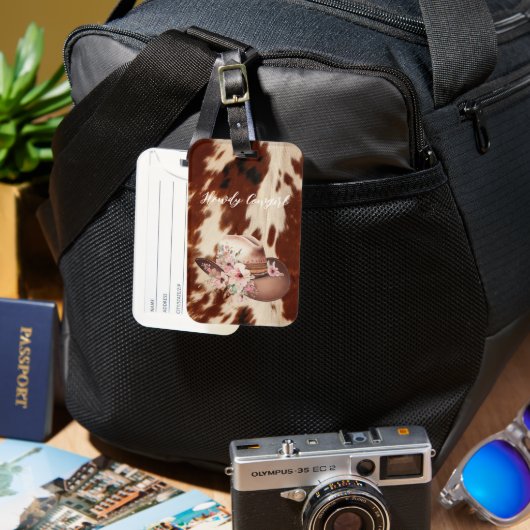 ブラウンクリームコウィド女性のカーボーイフローラハット ラゲッジタグ (正面&裏面)