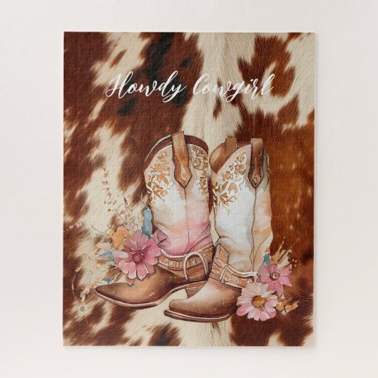ブラウンクリームコウィド女性のカーボーイフローラブーツ ジグソーパズル (縦)