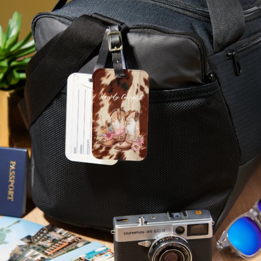 ブラウンクリームコウィド女性のカーボーイフローラブーツ ラゲッジタグ (正面&裏面)