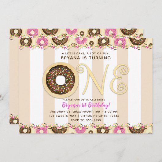 ブラウンクリームスプレッルドナッツワンサンバースデーパーティー 招待状 (正面/裏面)