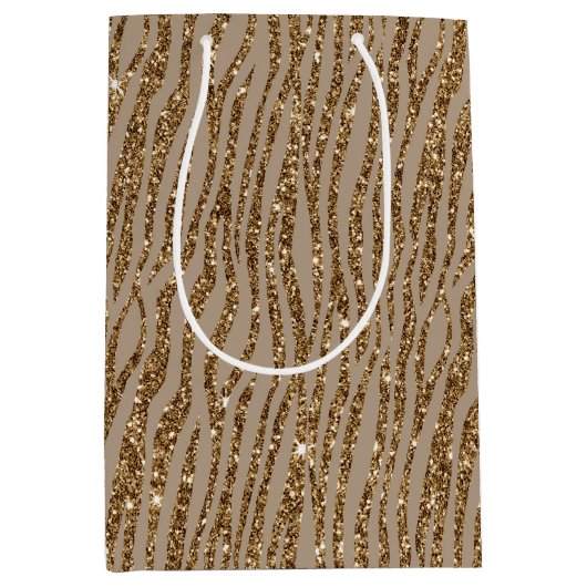 ブラウンクリームゼブラアニマルプリントグリッター ミディアムペーパーバッグ (正面)