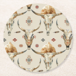 ブラウンクリームトライバル先住民フェザー誕生日 ラウンドペーパーコースター