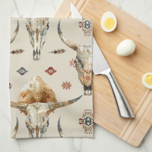 ブラウンクリームトライバル先住民羽毛スカル キッチンタオル (四つ折り)
